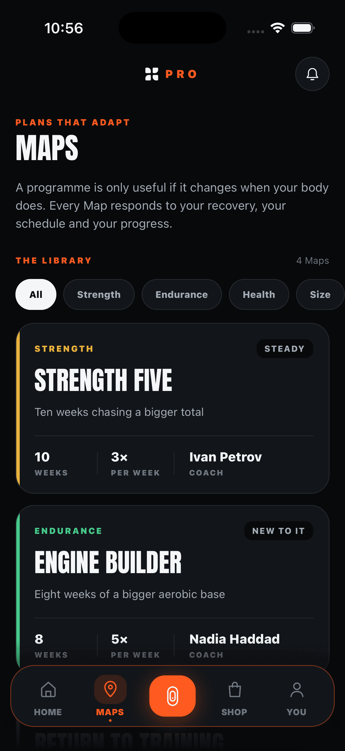 The Terrifit app listing the Maps library — Strength Five and Engine Builder with their coach, length and weekly session count