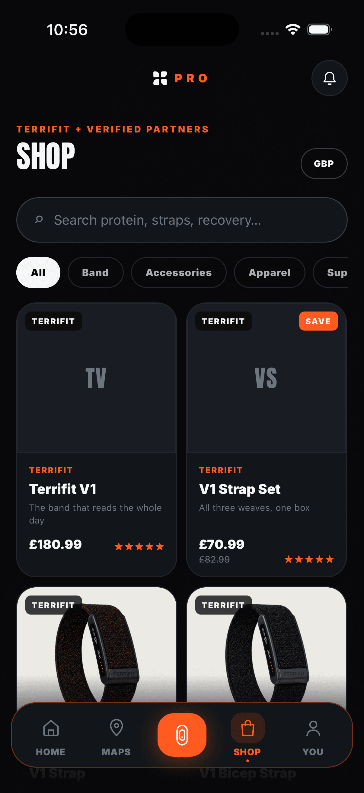The Terrifit app shop showing search, category filters and product cards for the V1 band and strap sets with prices in pounds