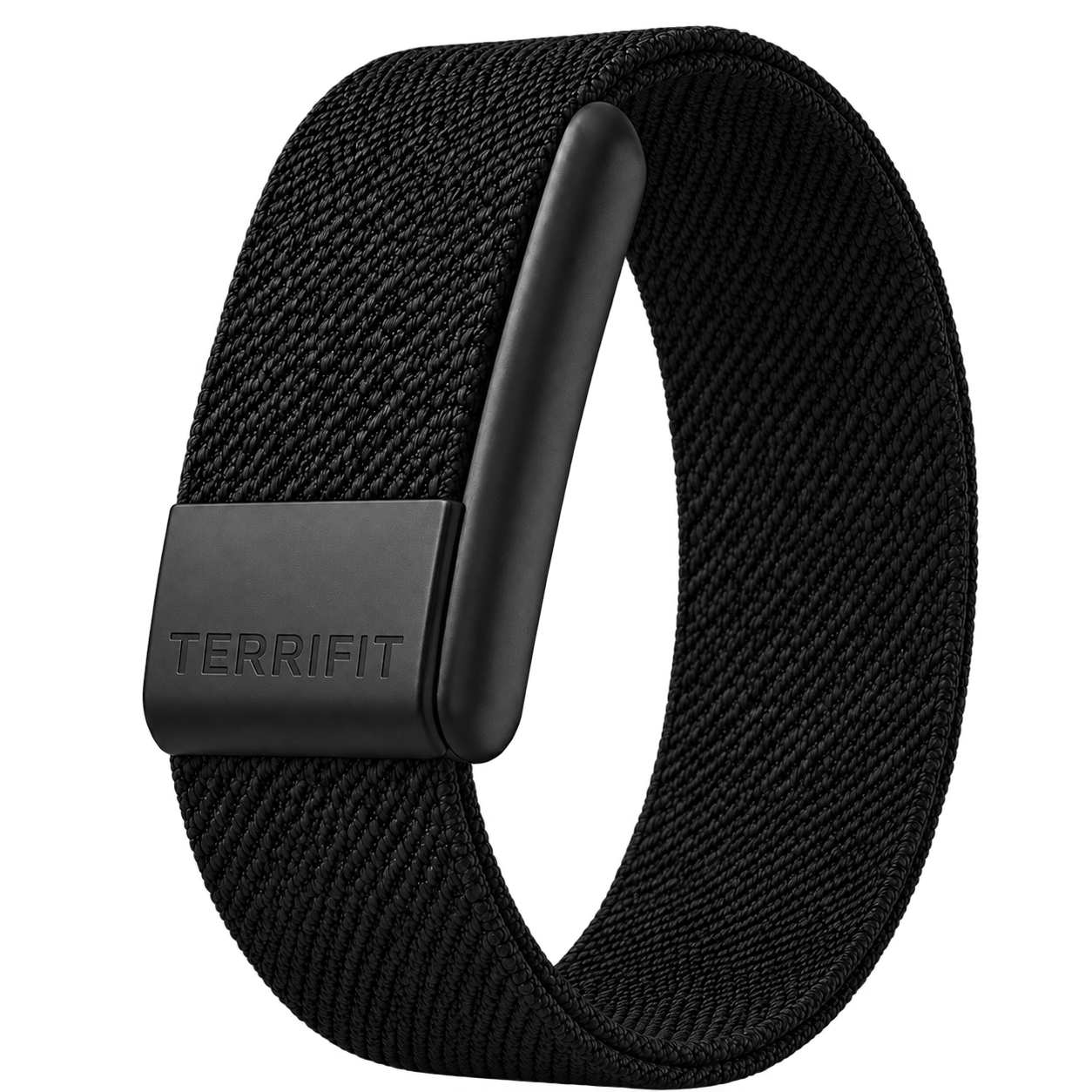 The Terrifit V1 bicep strap in black, the wider band shown flat with its silicone grip facing up
