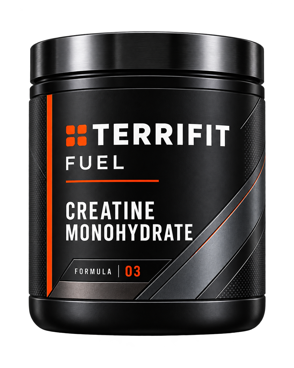 Squat white creatine jar with a matte finish and a single orange band, top-lit on paper