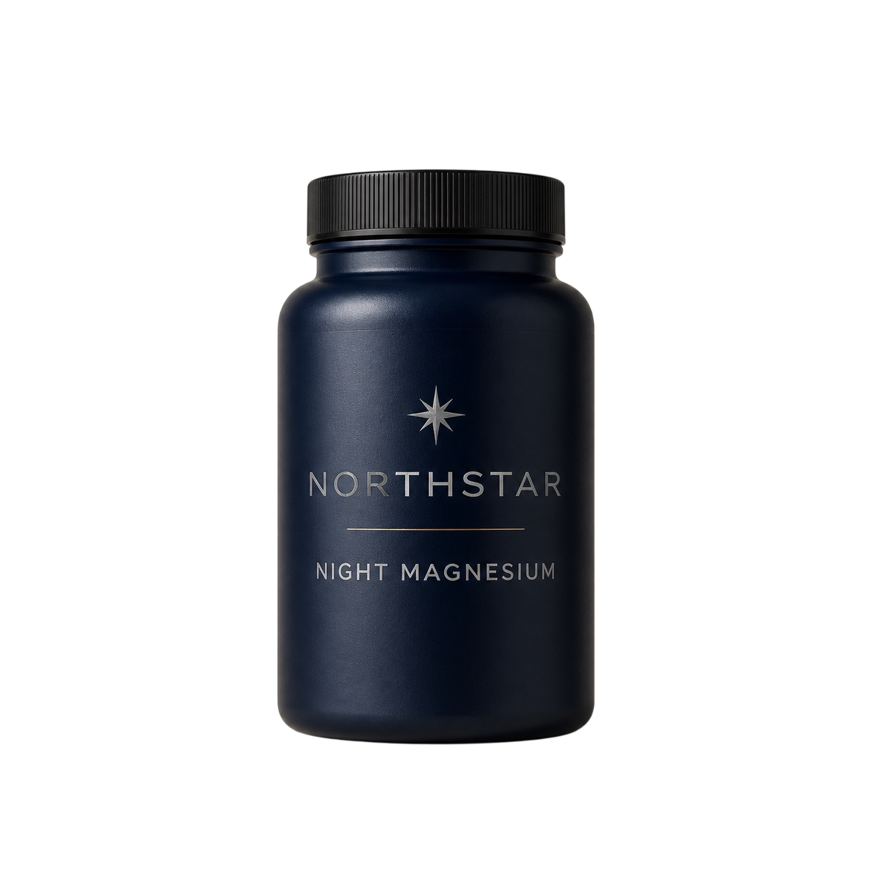 Navy magnesium bottle and an amber omega-3 bottle photographed together at night against a dark surface