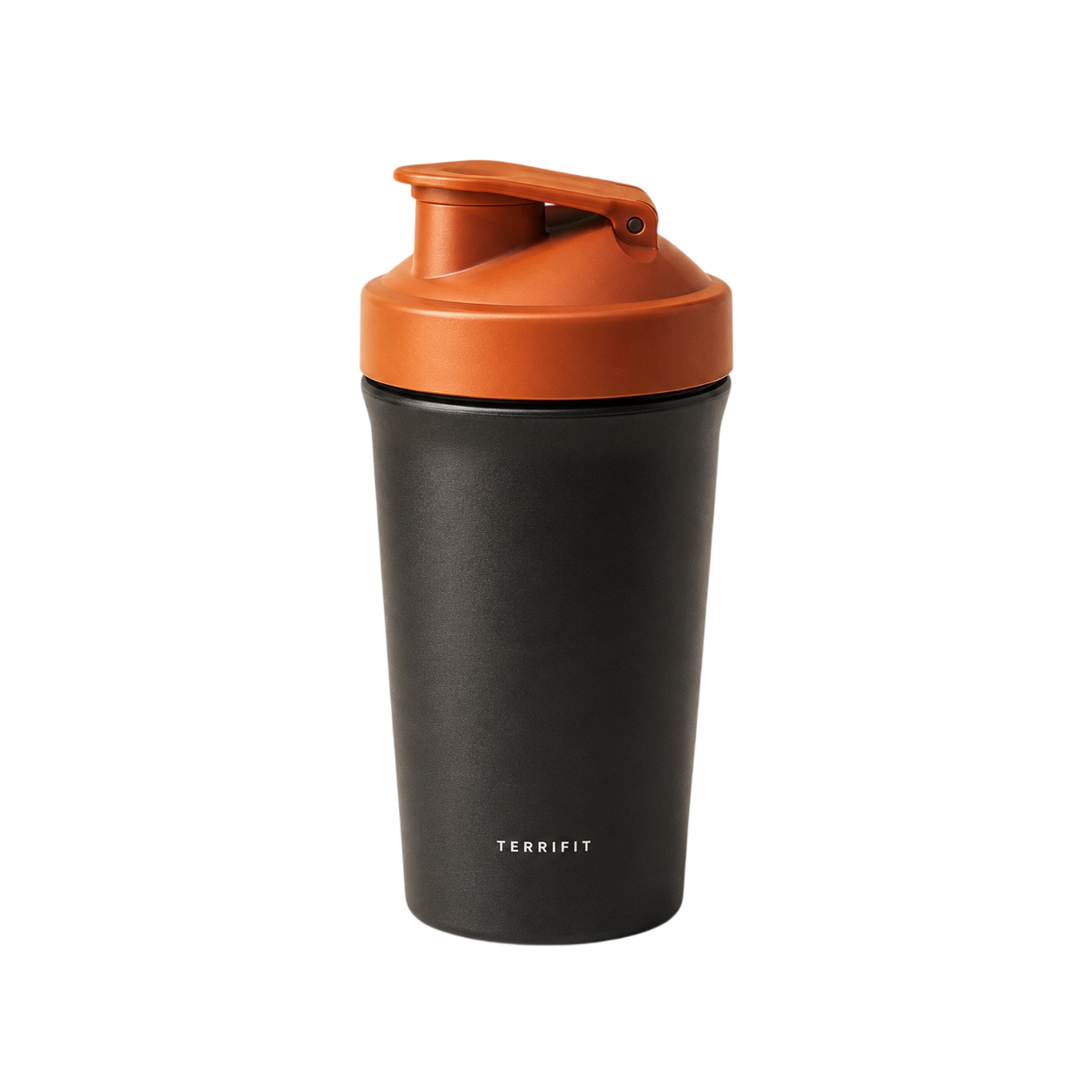 Matte black shaker bottle with an orange lid on concrete, hard shadow