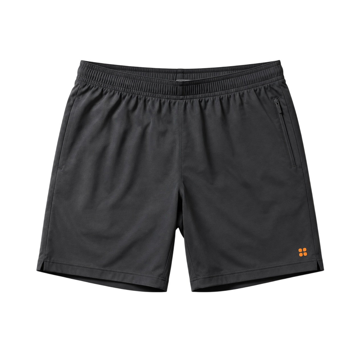 Charcoal training shorts laid flat on concrete, zip pocket visible on the right hip