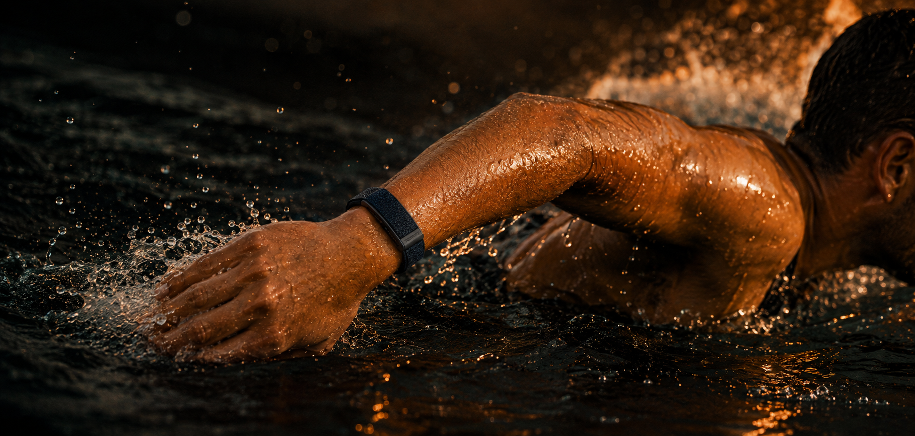 Terrifit V1 on a swimmer's wrist breaking the surface of a pool, water droplets caught mid-air in hard side light